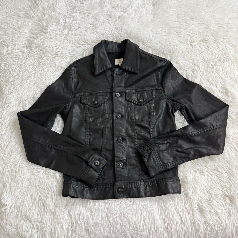 AG Adriano Goldschmied Women's Black Coated Cropped Denim Trucker Jacket Size XS
